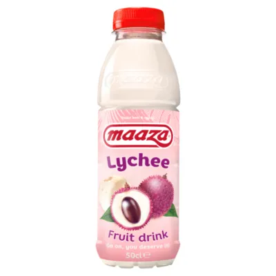 Maaza fles lychee roze voorkant staand