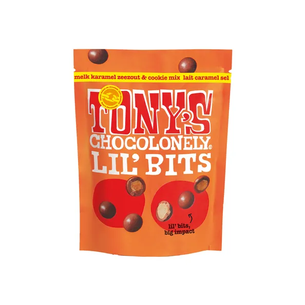Tony’s Chocolonely lil’bits Melk Karamel Zeezout Biscuit Zakje (8x120gr)