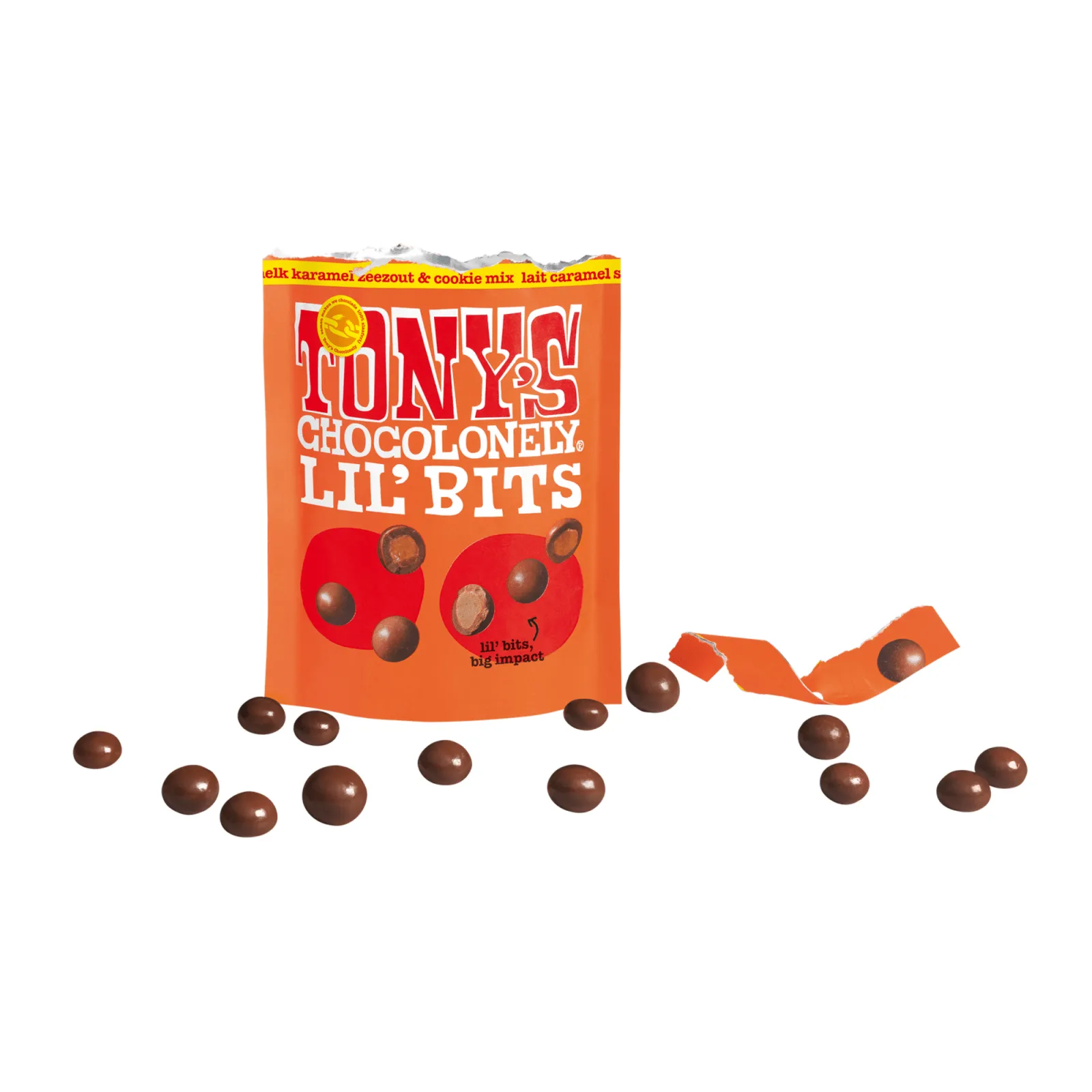 Tony's Chocolonely lil'bits Melk Karamel Zeezout Biscuit Zakje (8x120gr) - Afbeelding 5
