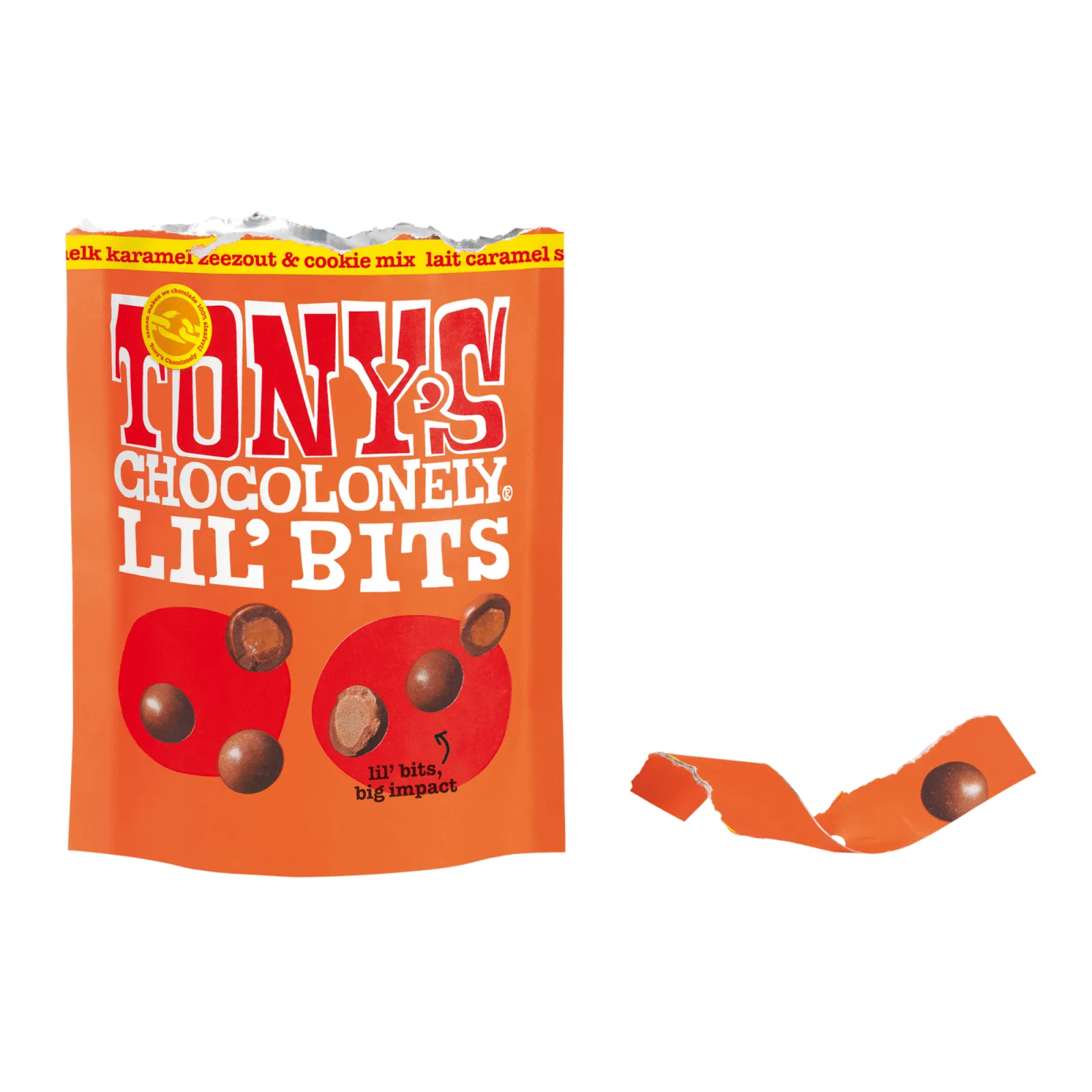 Tony's Chocolonely lil'bits Melk Karamel Zeezout Biscuit Zakje (8x120gr) - Afbeelding 2