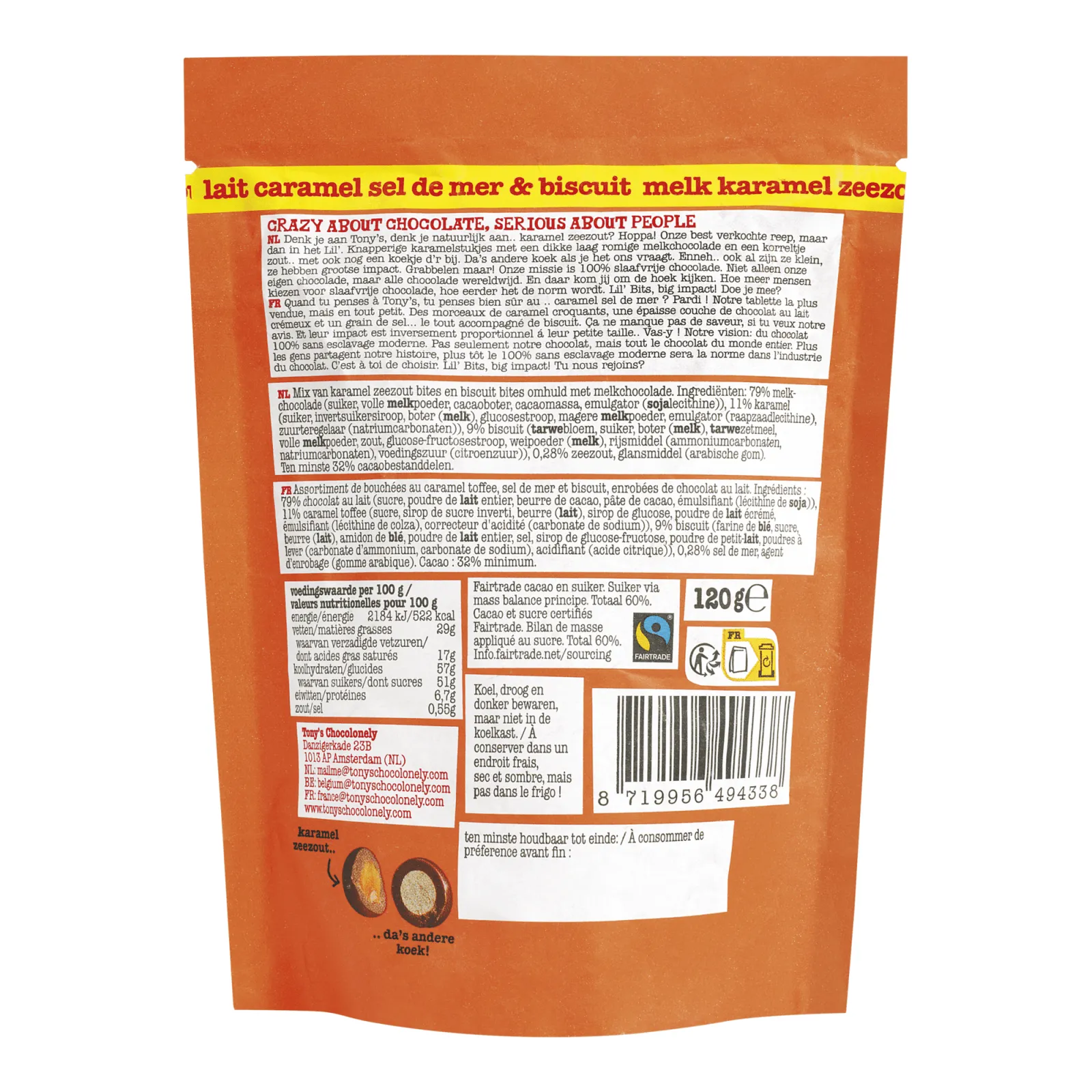 Tony's Chocolonely lil'bits Melk Karamel Zeezout Biscuit Zakje (8x120gr) - Afbeelding 4