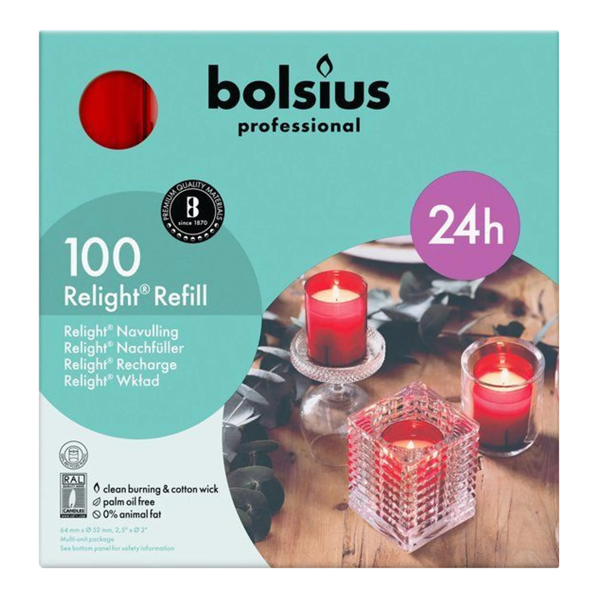 Bolsius Relight Navulling Rood Ø52x64 mm 24 uur (100 stuks)