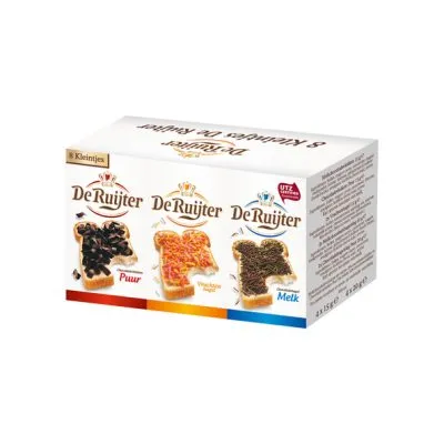 De Ruijter kleintjes strooibaar 140 gr  (1 vlokken melk, 1 vlokken puur, 2 vruchtenhagel, 2 hagel melk, 2 hagel puur)