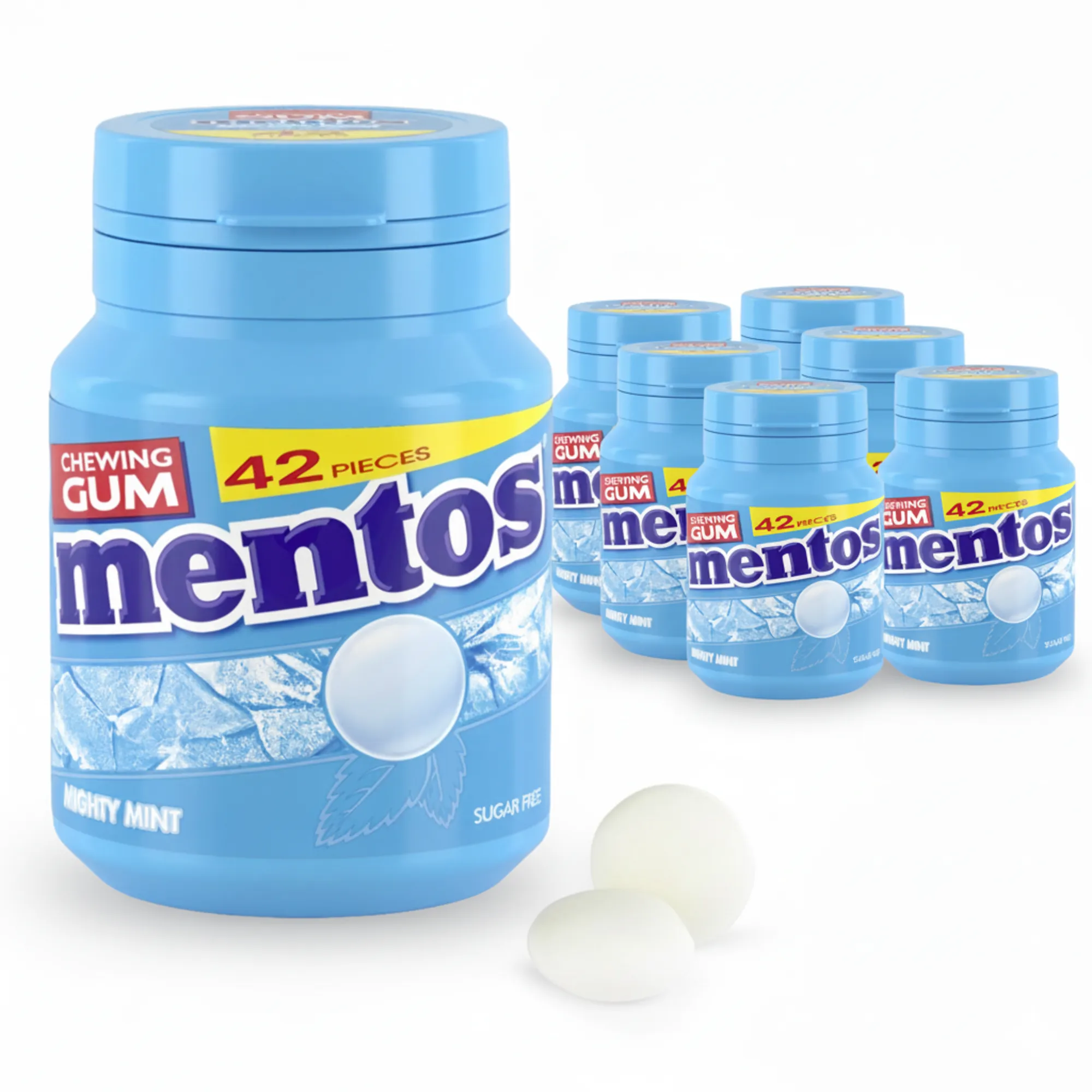 Mentos Gum Mighty Mint Bottle 42 stukjes (6 potjes) sfeer 6 potjes en kauwgom