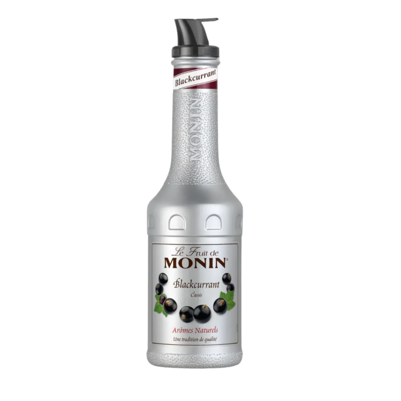 grijze fles monin puree zwarte bes voorkant