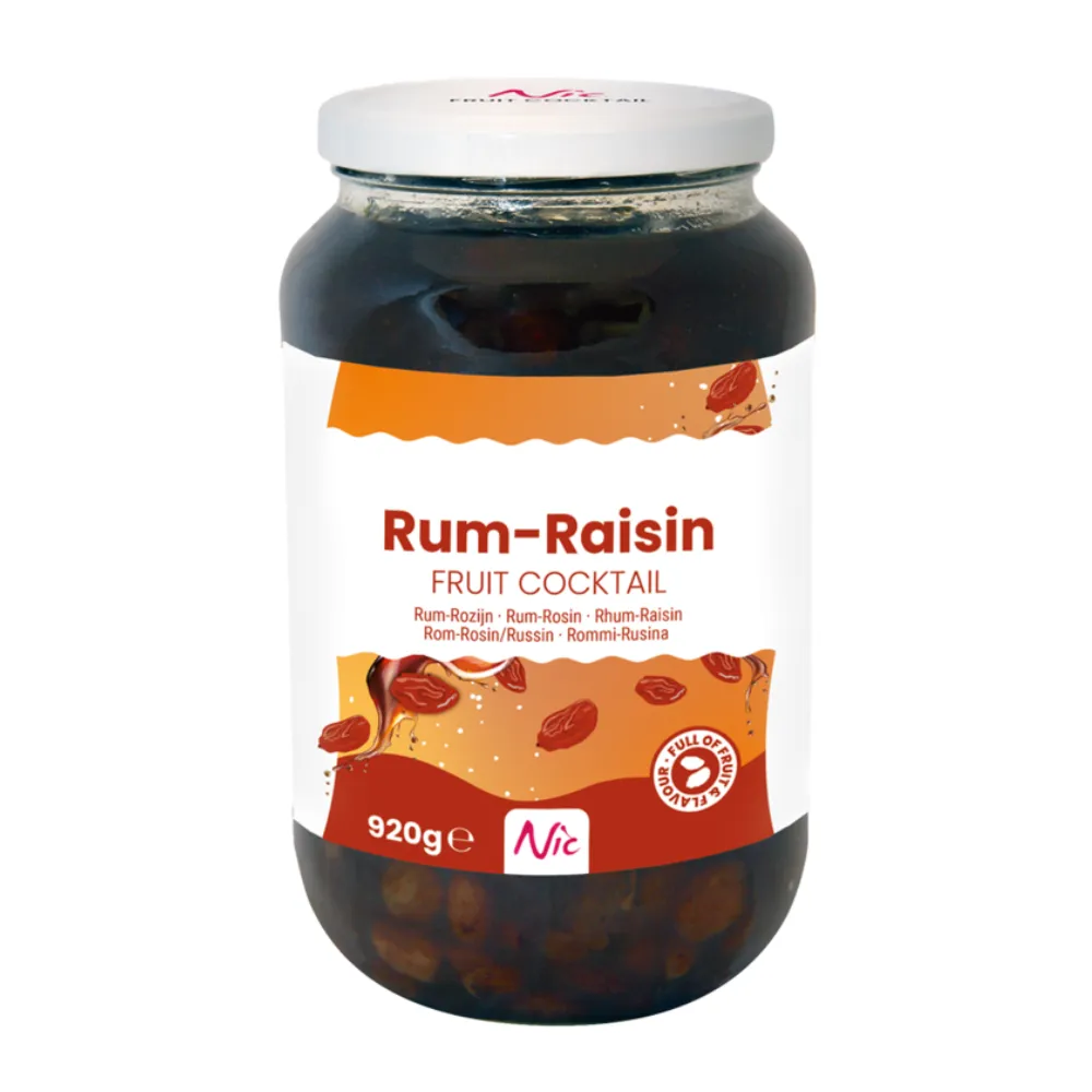 Nic rum rozijnen fruitcocktail voorkant pot