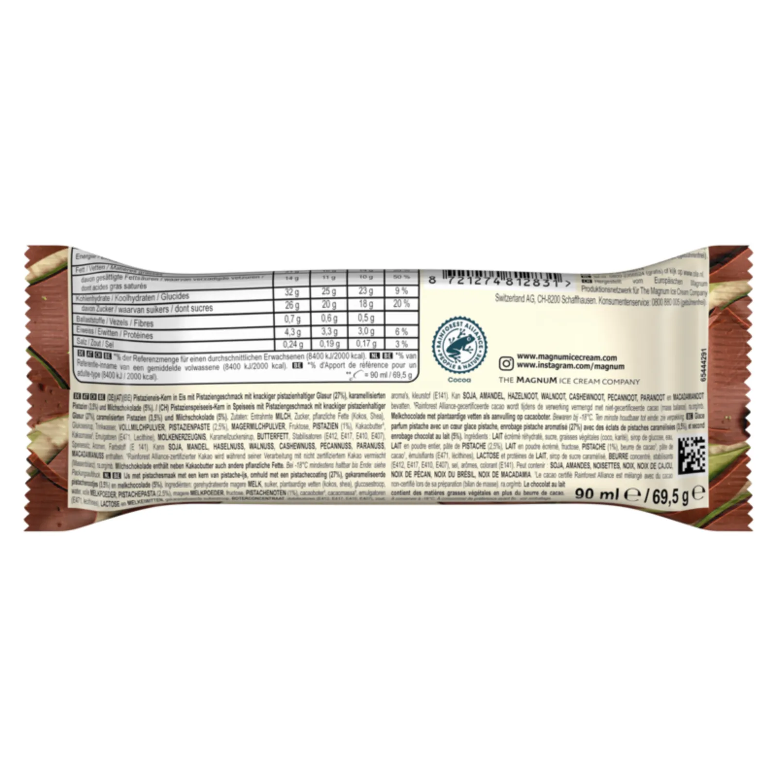 Pistache chocolade Magnum OLA verpakking achterkant