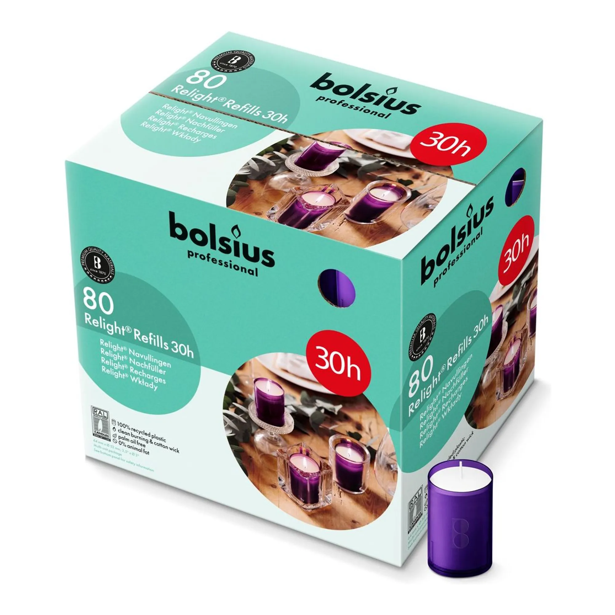 Bolsius Professional Relight Navulling Paars Ø52x64 mm 30 uur (80 stuks)