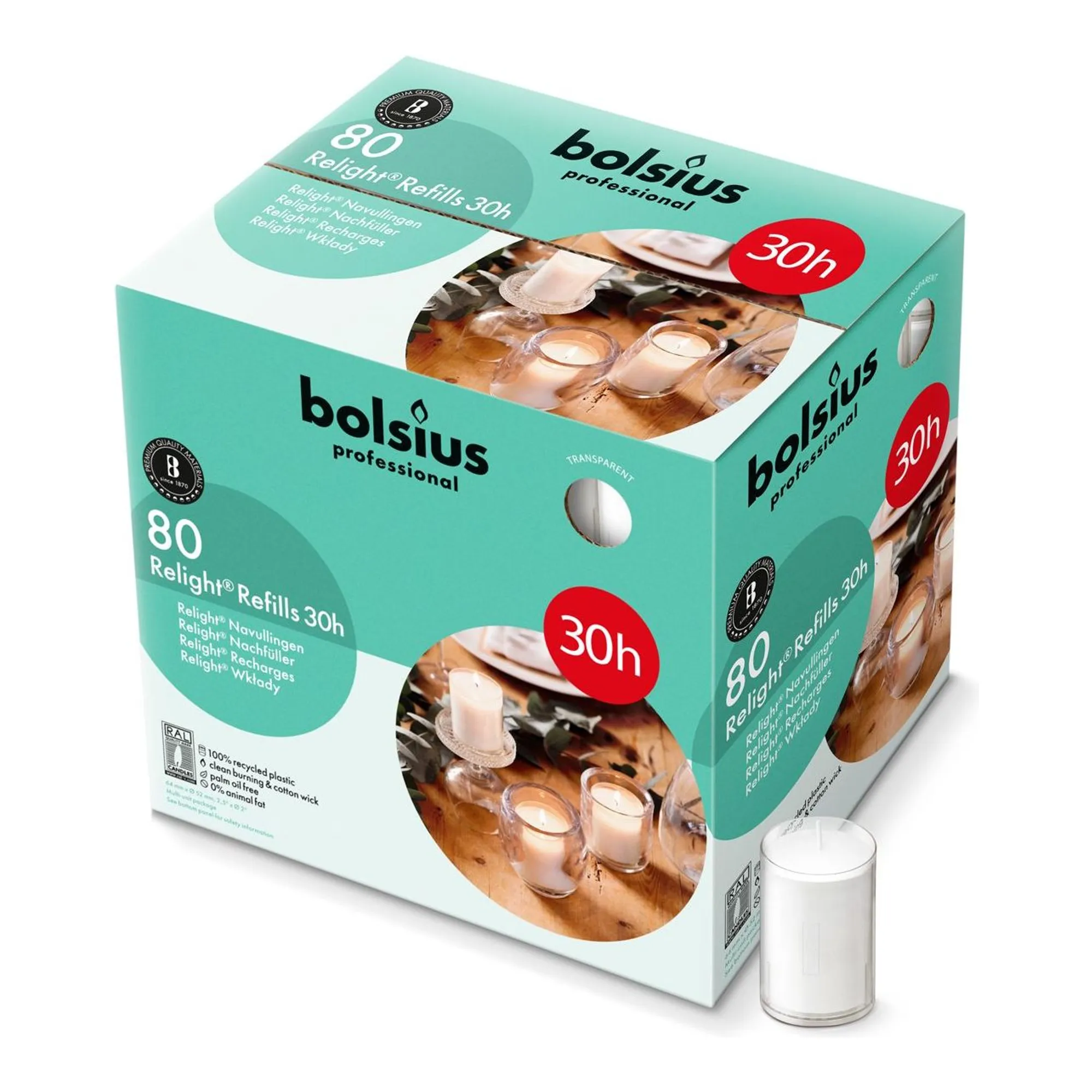 Bolsius Professional Relight Navulling Transparant Ø52x64mm 30 uur (80x)