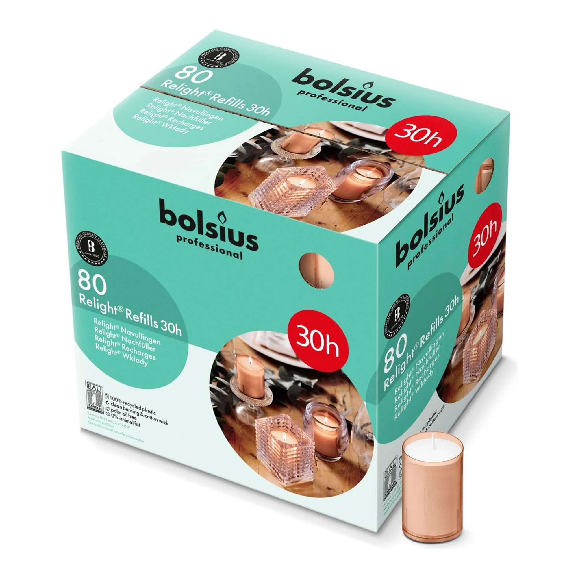 Bolsius Professional Relight Navulling Zacht Roze Ø52x64mm 30 uur (80 stuks)