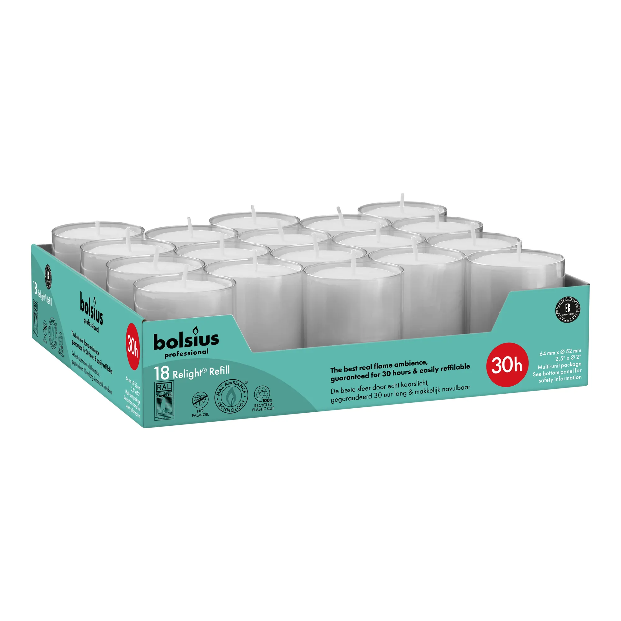Bolsius Professional Relight Navullingen Grijs Ø52x64 mm 30 uur (4x 18 stuks)
