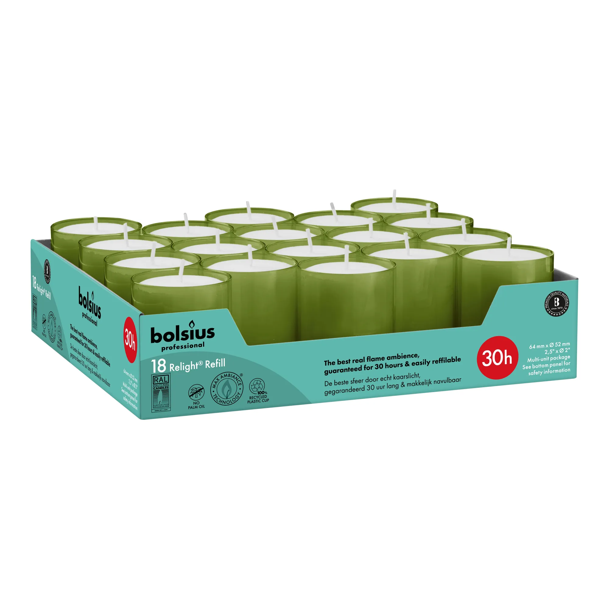 Bolsius Professional Relight Navullingen Olijfgroen Ø52x64mm 30 uur (72x)