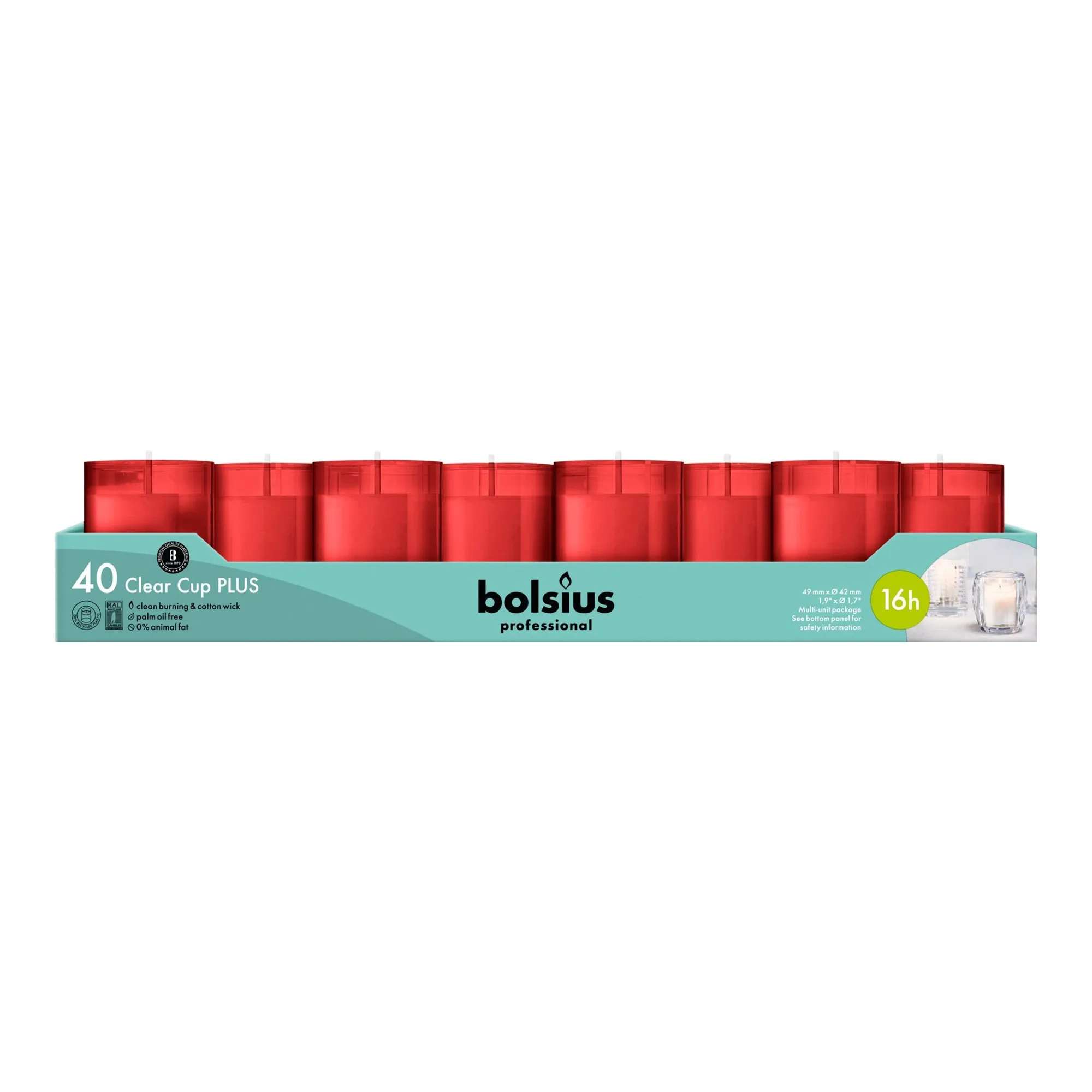 Bolsius Professional Clear Cup Plus Rood 16 Branduren (40 stuks)