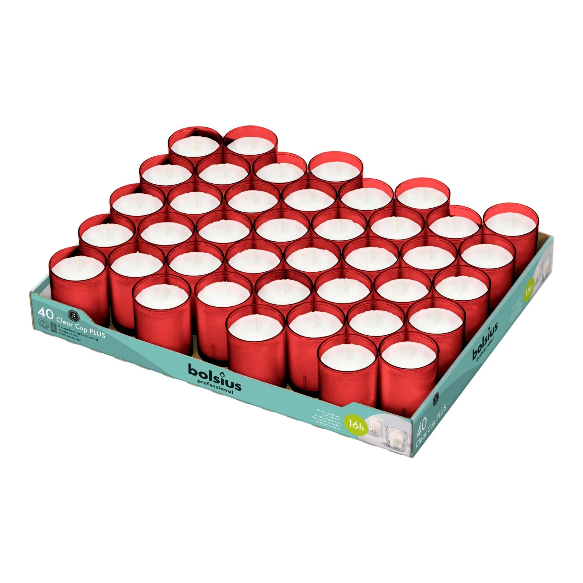Bolsius Professional Clear Cup Plus Rood 16 Branduren (40 stuks)