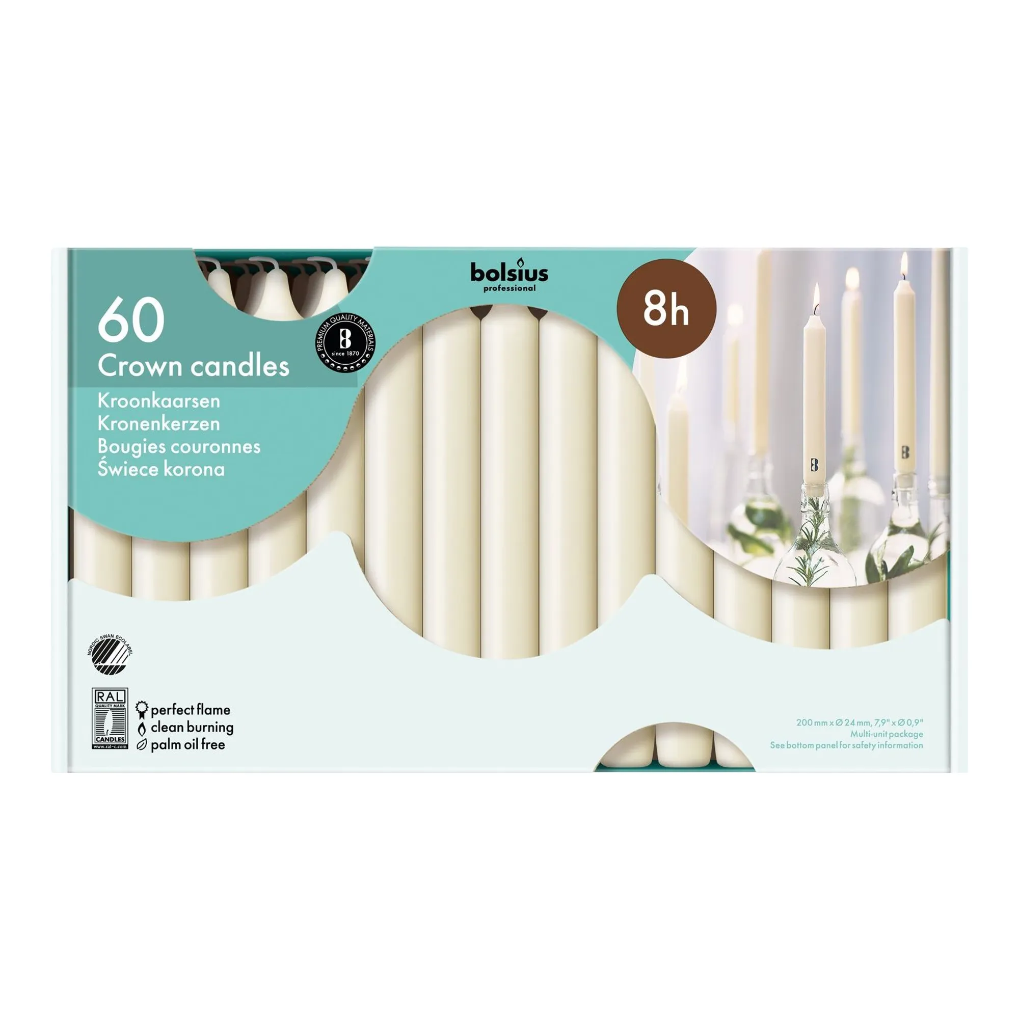 Bolsius Professional Kroonkaarsen Ivoor 200/24mm 8 Uur (60 stuks)