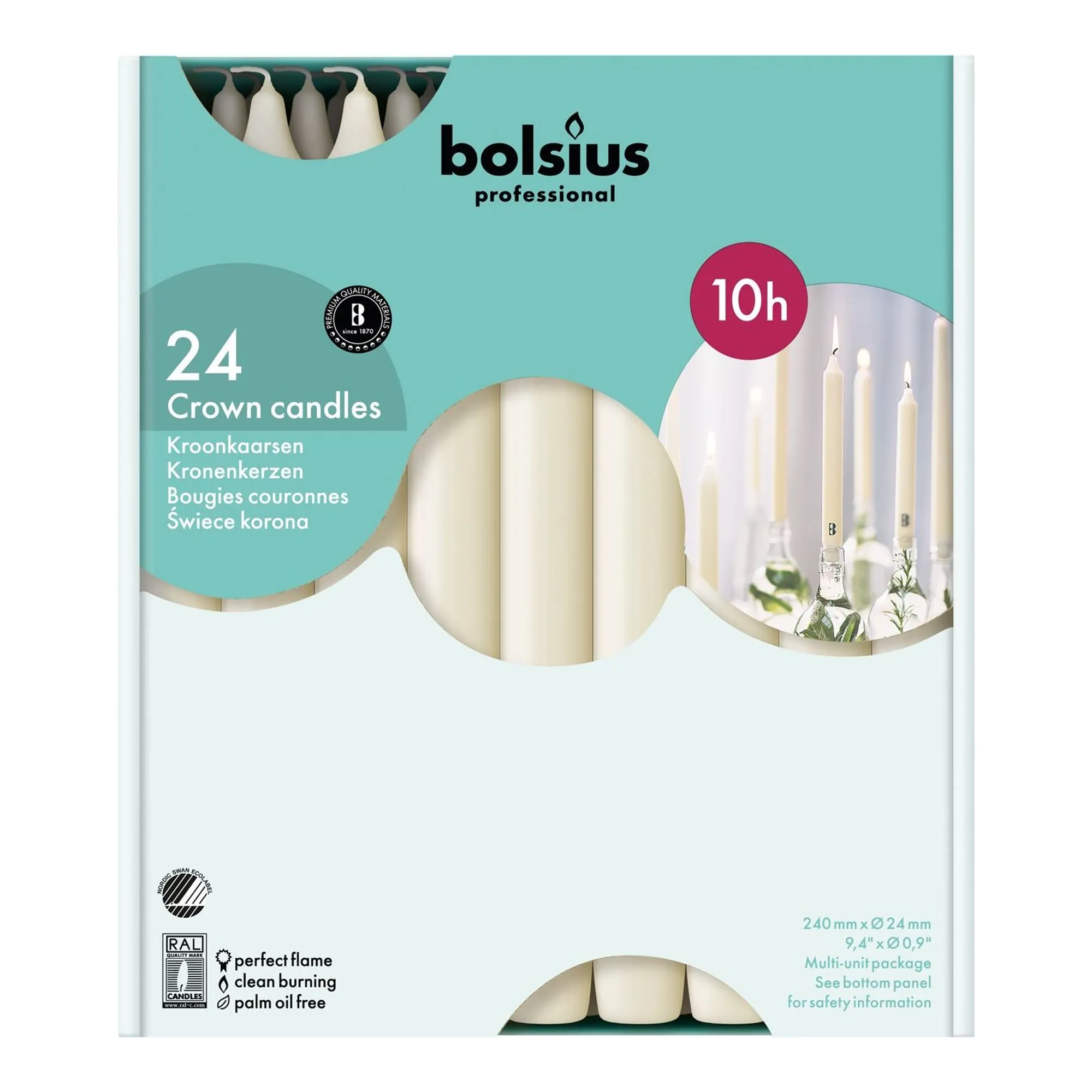 Bolsius Professional Kroonkaarsen Ivoor 240/24 mm 10 Uur (24 stuks)