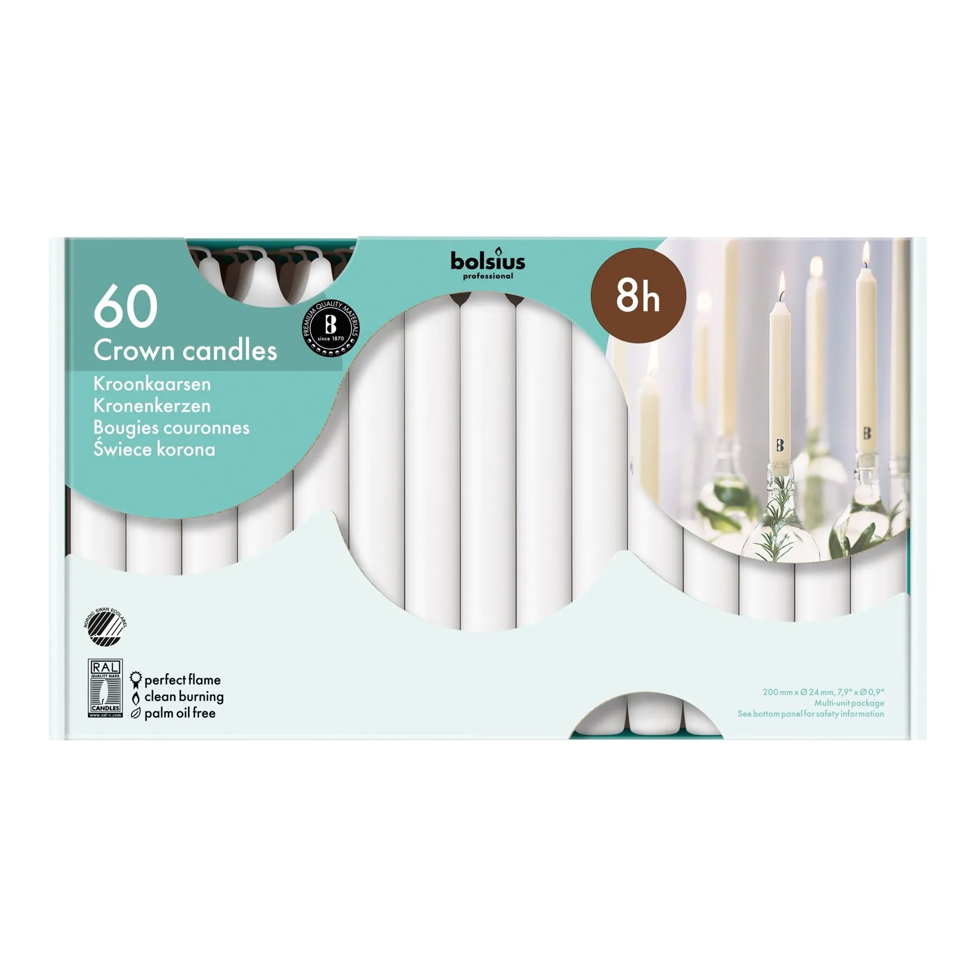 Bolsius Professional Kroonkaarsen Wit 200/24mm 8 Uur (60 stuks)