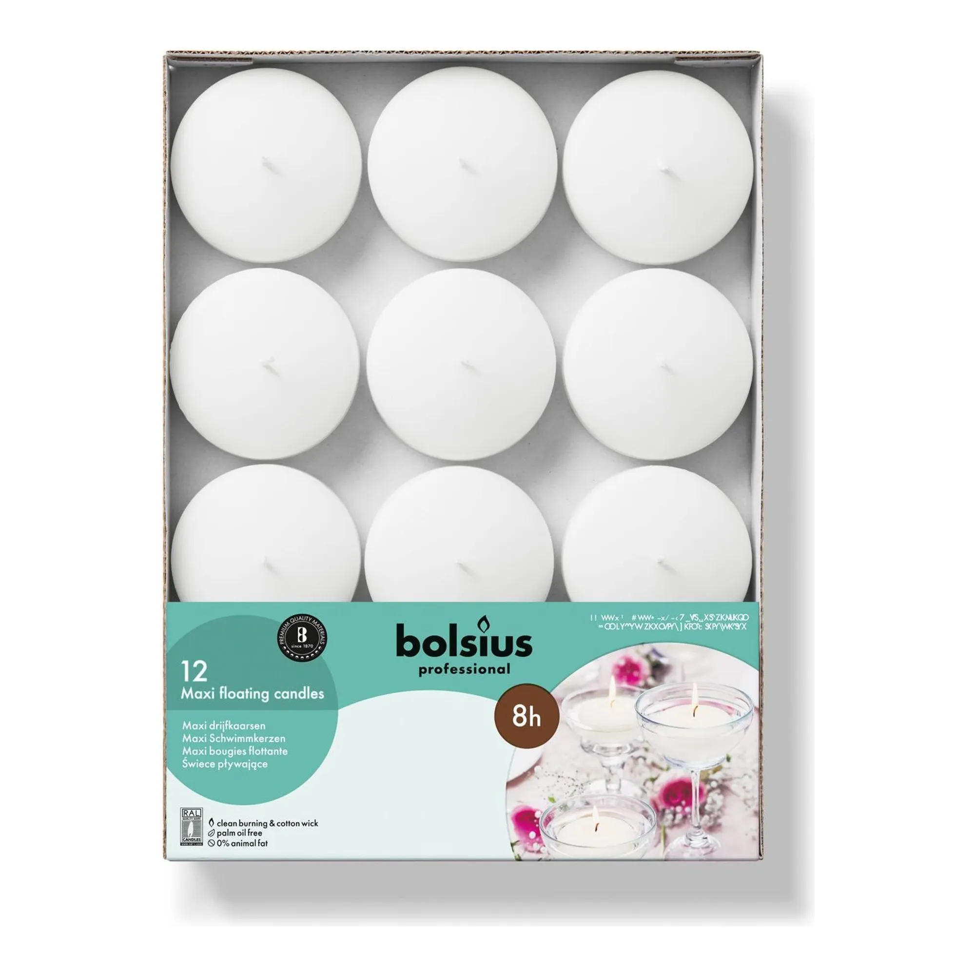 Bolsius Professional Maxi Drijfkaarsen Wit 8 Branduren (8x 12 stuks)