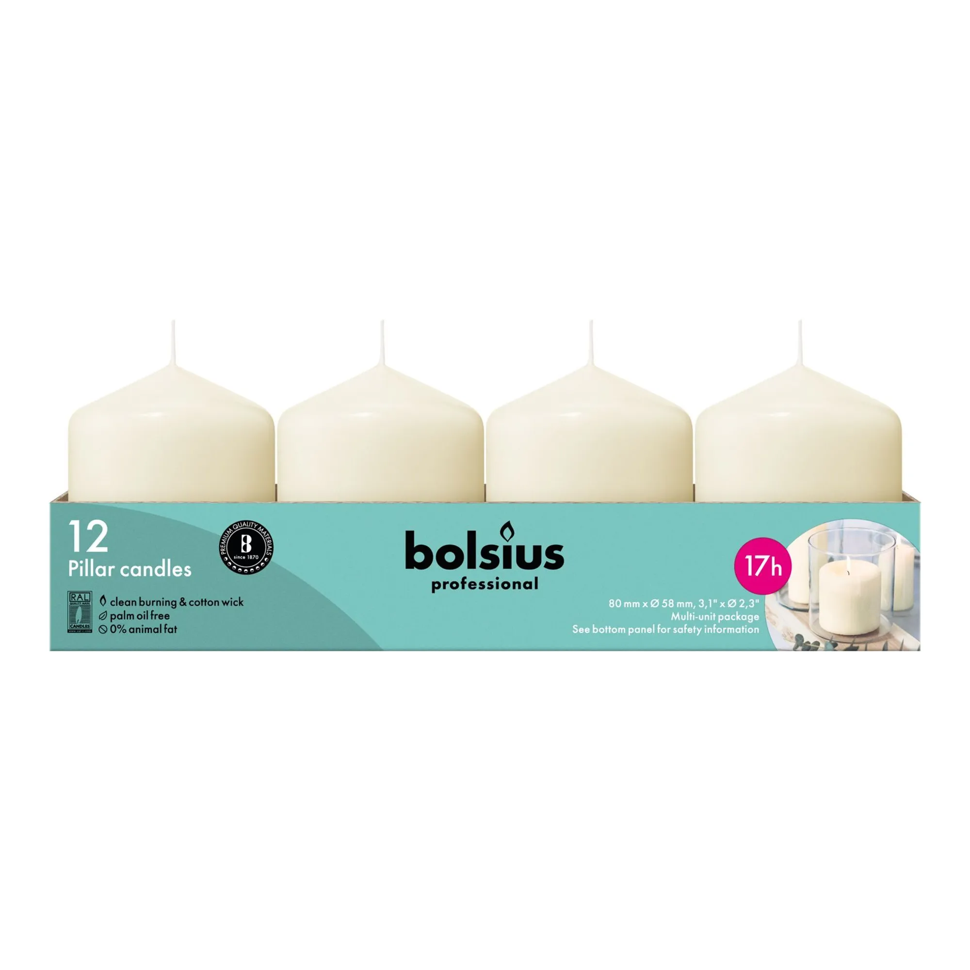 Bolsius Professional Stompkaarsen Ivoor 8/6 cm 17 Branduren (12 stuks)