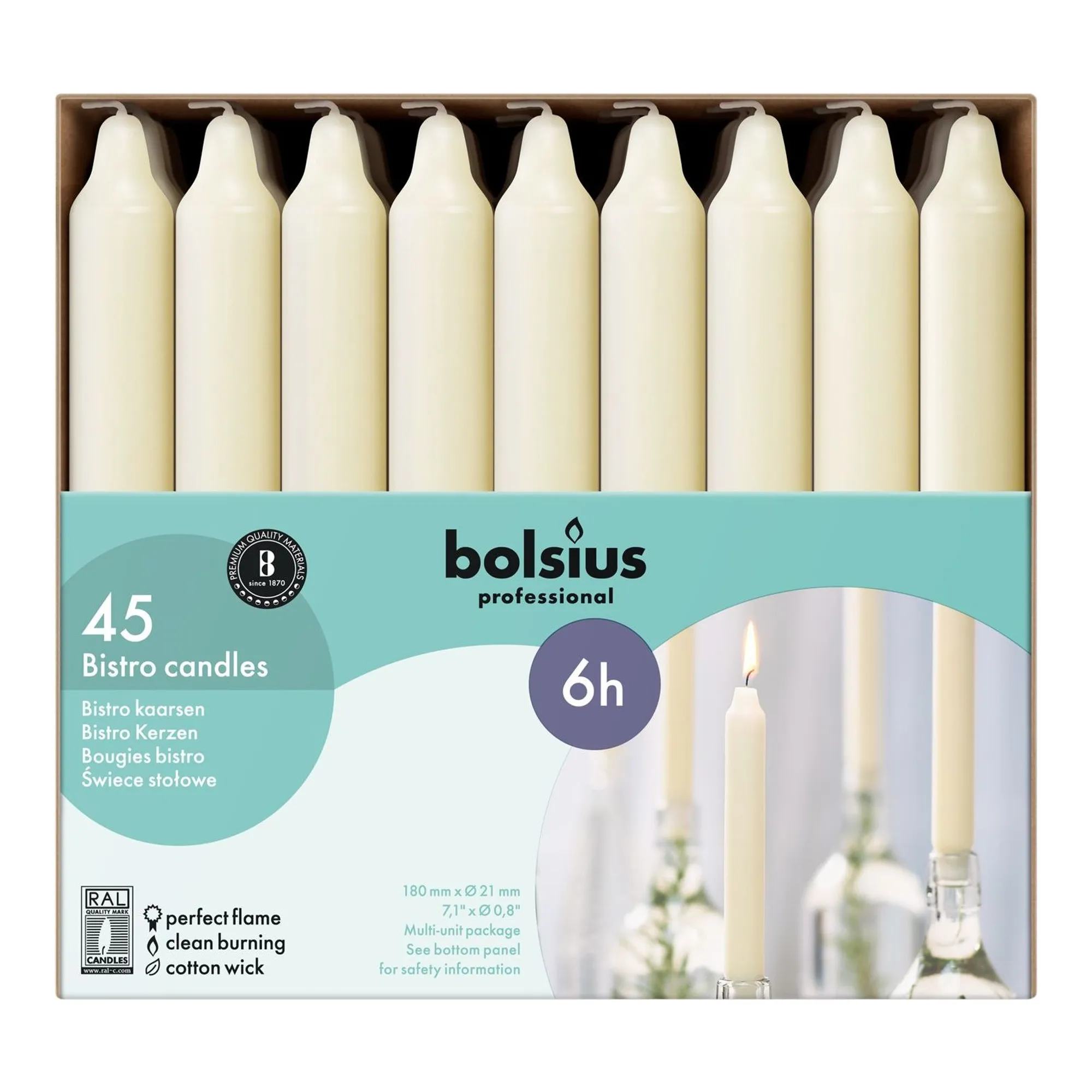 Bolsius Professional Bistro Kaars Ivoor 180/21.3mm 6 Branduren (45 stuks)