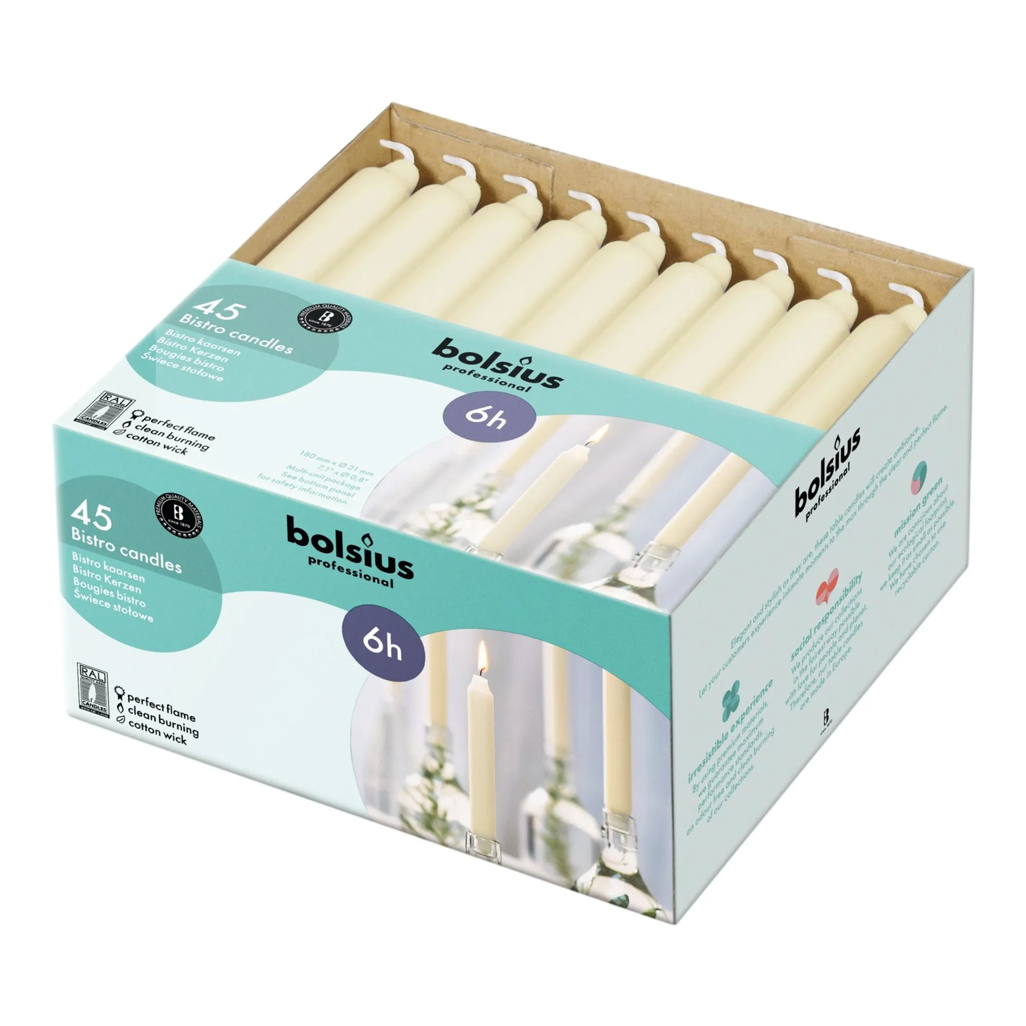 Bolsius Professional Bistro Kaars Ivoor 180/21.3mm 6 Branduren (45 stuks)